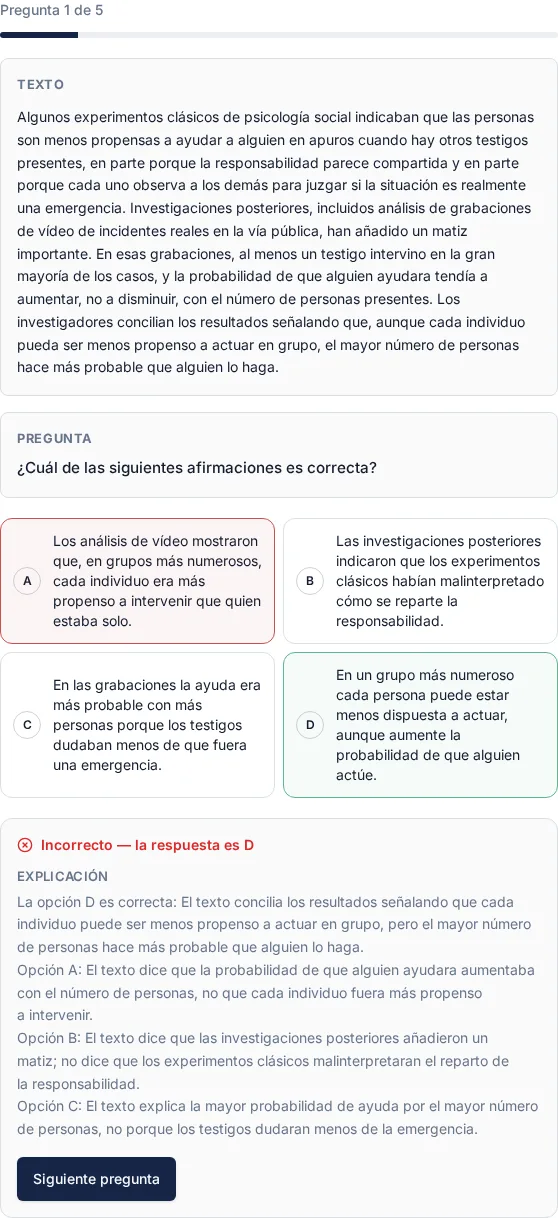 Razonamiento verbal: una pregunta de muestra respondida con su explicación.