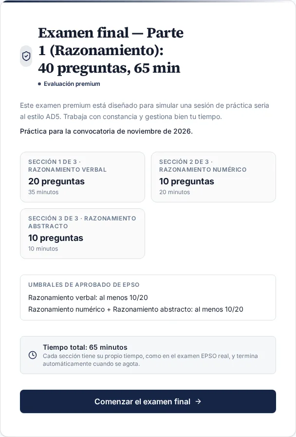 Examen final, Parte 1: secciones, tiempos y notas mínimas.